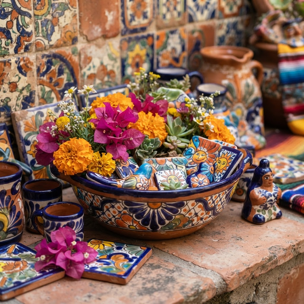 Detalles de arte popular mexicano: azulejos pintados, cerámica y flores