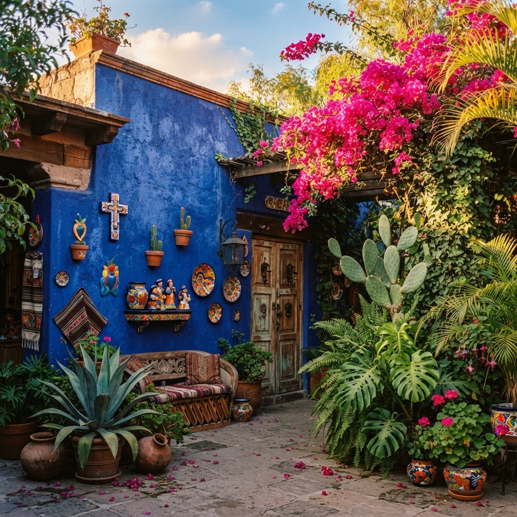 Pared azul cobalto con vegetación tropical y detalles artísticos, inspirada en la atmósfera de Coyoacán