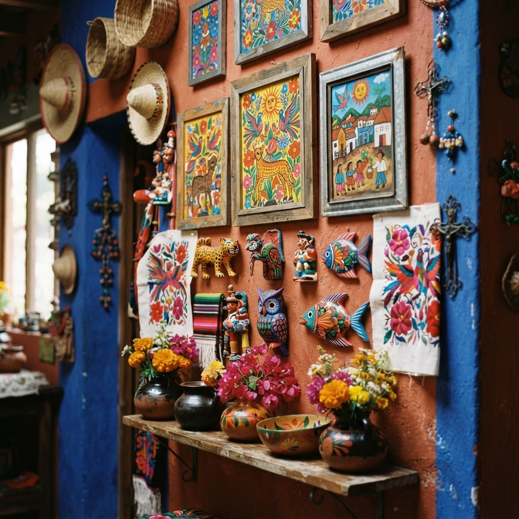 Arte popular mexicano con colores vivos y pinturas tradicionales