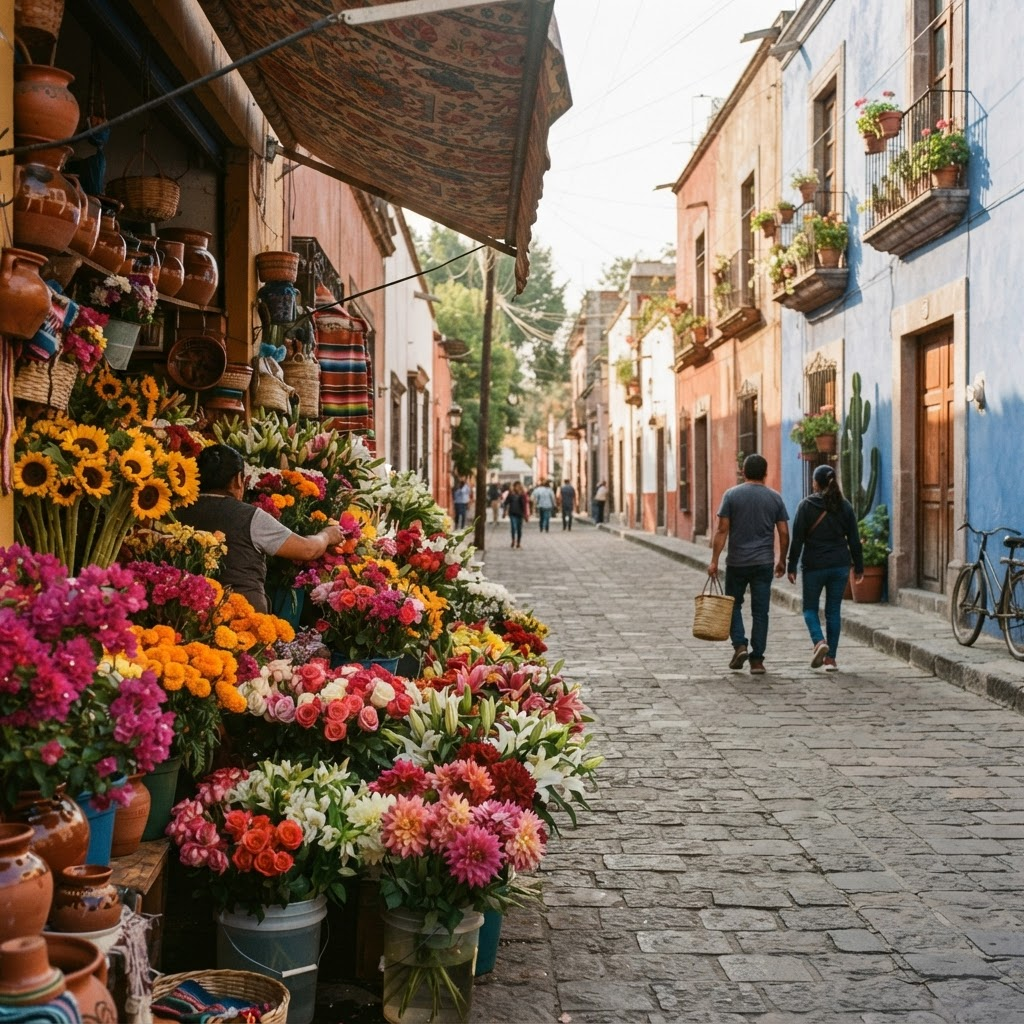 Mercado y calles de Coyoacán con flores y vida cotidiana del barrio