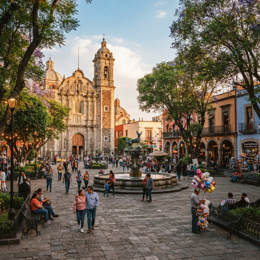 Plaza histórica de Coyoacán con fuente colonial y árboles frondosos