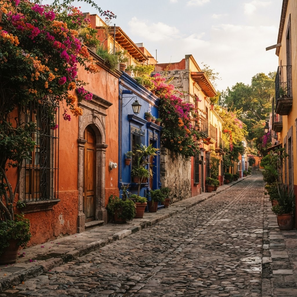 Calle histórica de Coyoacán con arquitectura colonial y buganvilias